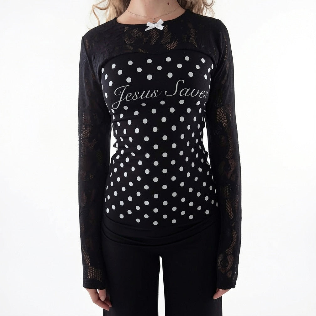 Jesus Saves Polka Dot Lace Top